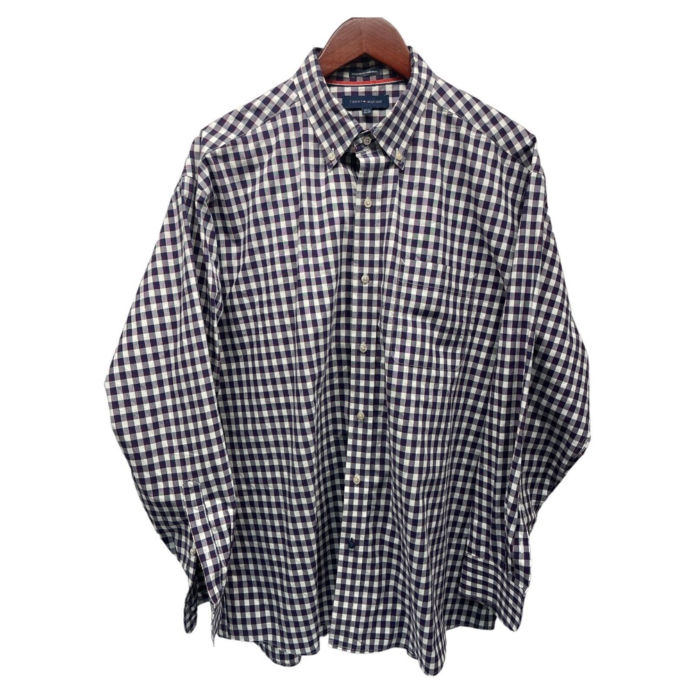 Tommy Hilfiger Mens 17.5 34/35 Purple Check Pattern Non Iron Long Sleeve Shirt